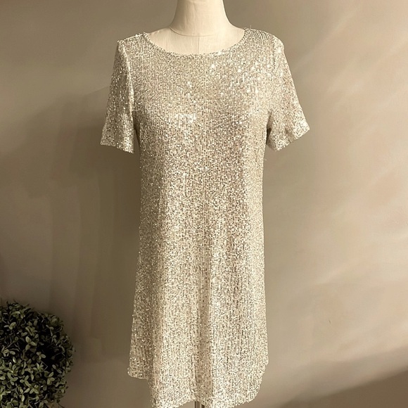 7 for All Mankind women’s FULL silver sequins T shirt mini dress formal slip on - Picture 1 of 13